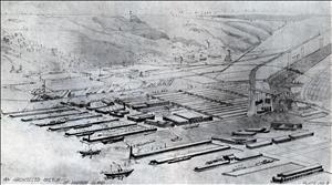 A pencil drawing shows rows of harbor piers with mountains in the background